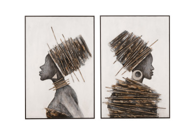 Peinture Femme Africaine Bois/Canevas Marron/Gris